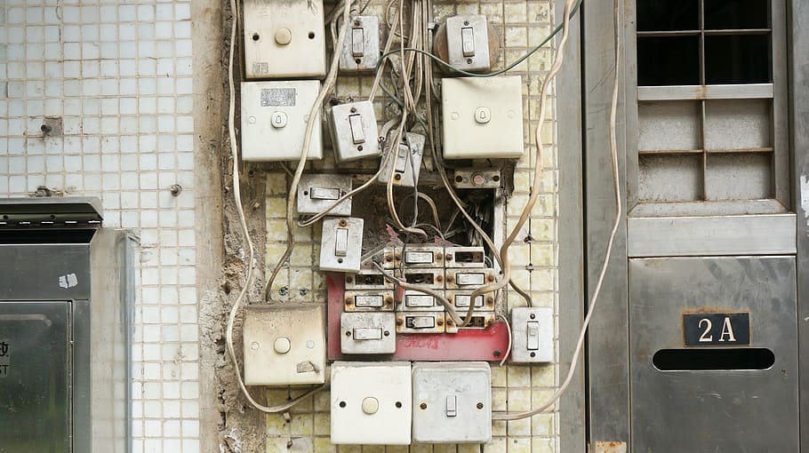 structure, electric, wiring, broken, dirty, electrical wires, electricity, outlet, steel, switch