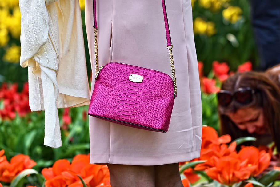 person, pink, leather sling bag, handbag, bag, woman's bag, purse, accessory, elegant, design