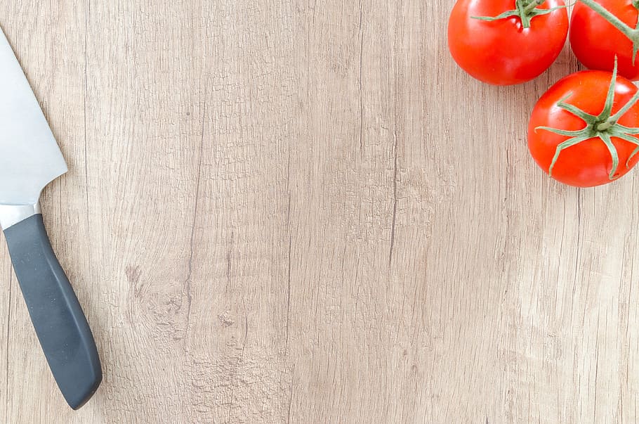three, tomatoes, stainless, steel knife, knife, food, wood, table, wooden, background
