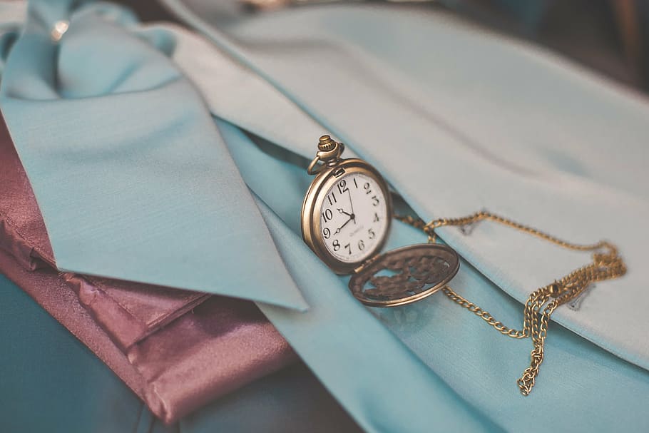 round brass-colored analog pocket, watch, blue, textile, gold, pocket, clothing, jewelry, necklace, chain