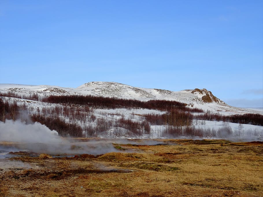 Islandia, géiser, hielo, fuego, ebullición, nieve, naturaleza, paisaje, pintoresco, cielo
