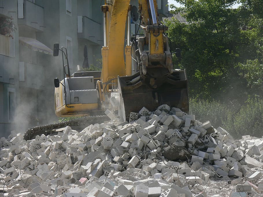 yellow, black, excavator, unloading, gray, debris, daytime, site, build, vehicle