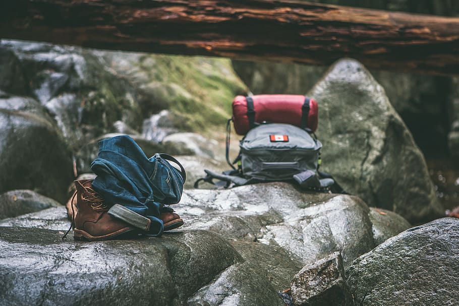 rocks, bag, outdoor, adventure, shoes, jeans, camping, tent, nature, river