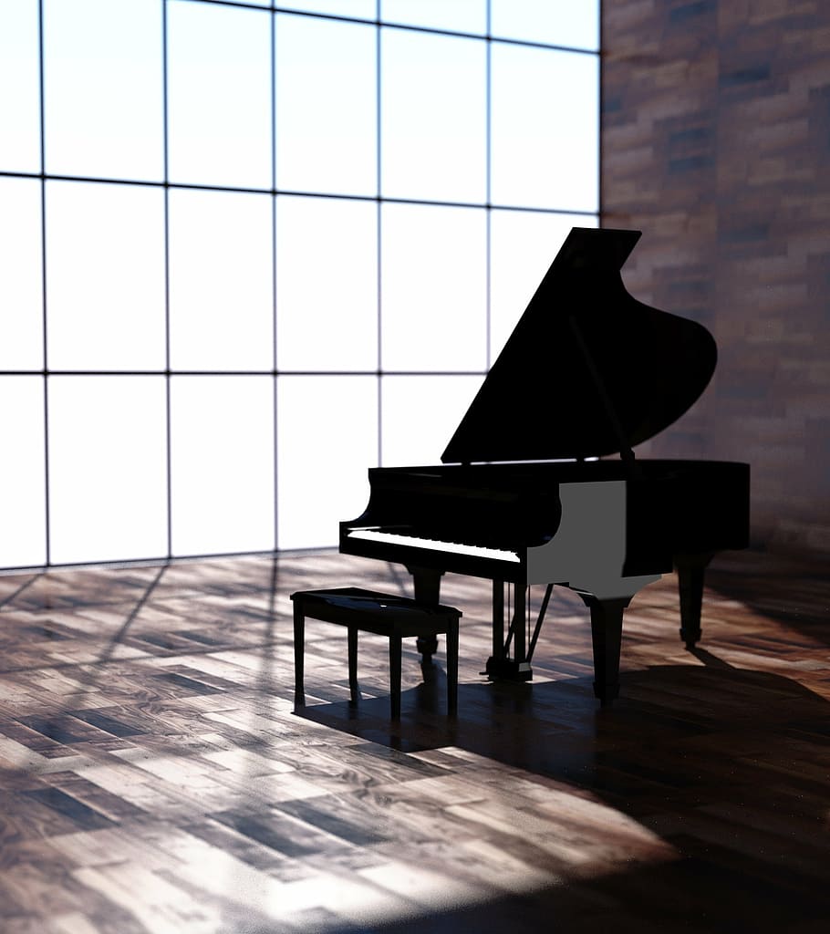 grand, piano, brown, parquet flooring illustration, instrument, black, music, illustration, musical instrument, grand piano
