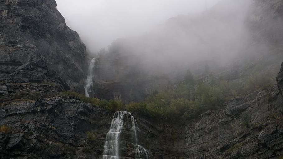 cachoeiras, coberto, névoas, dia, nevoeiro, cachoeira, verde, árvore, natureza, água