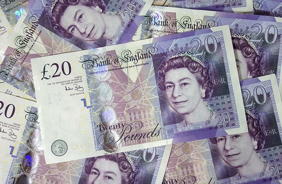 20 libras inglesa lote, dinero, banco, notas, factura, facturas, británico, gran bretaña, unido, reino