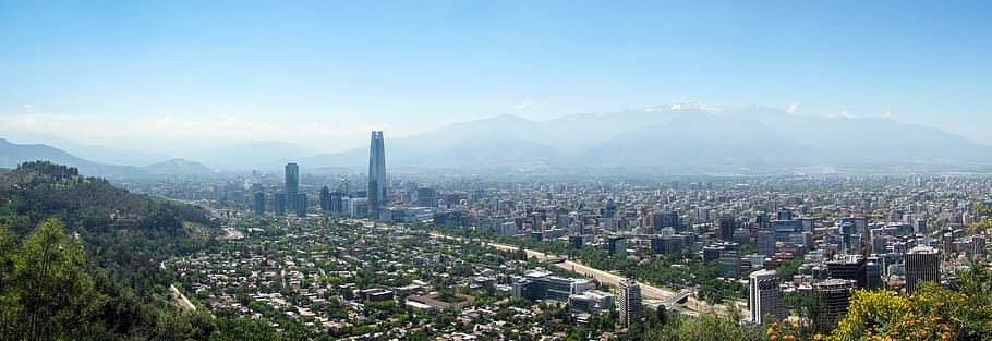 Vista aérea, fotografía, pueblo, cordillera, calmante, cielo, Chile, Santiago, ciudad, chilena