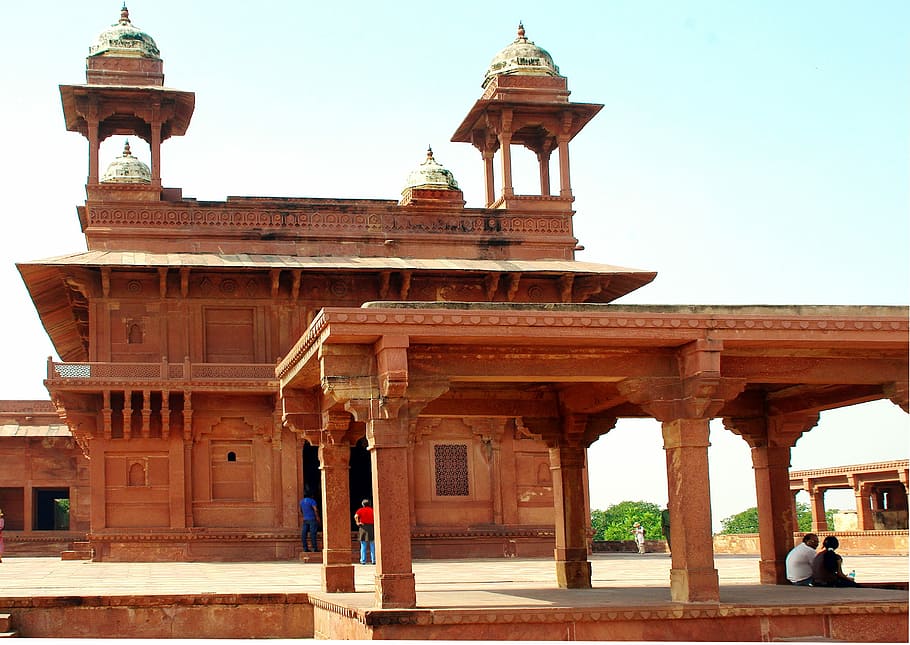 India, Fatehpur Sikri, Palace, Kiosk, pink sandstone, architecture, adults only, building exterior, built structure, one person