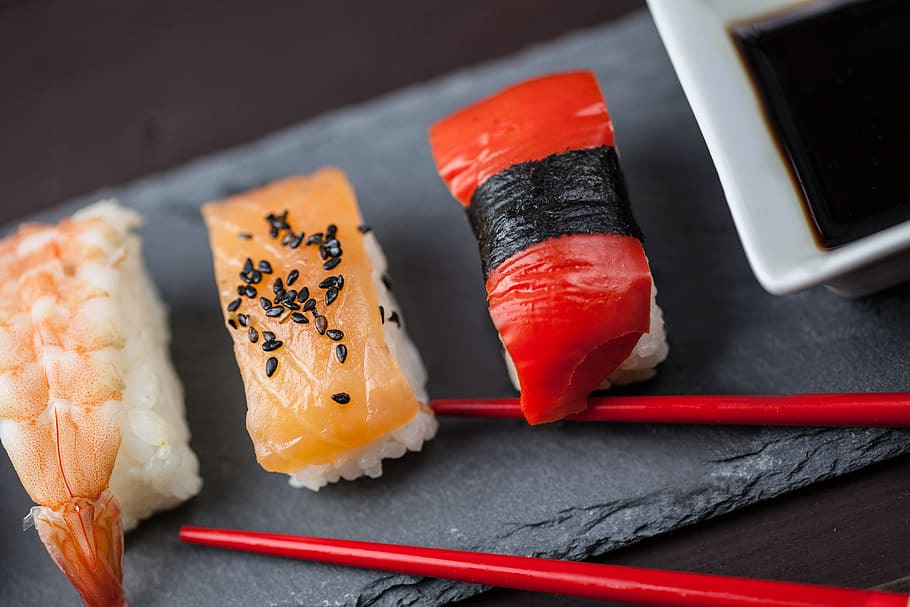 piezas de sushi, servido, pizarra, fresco, sushi, piezas, comida / bebida, comida, mariscos, Japón