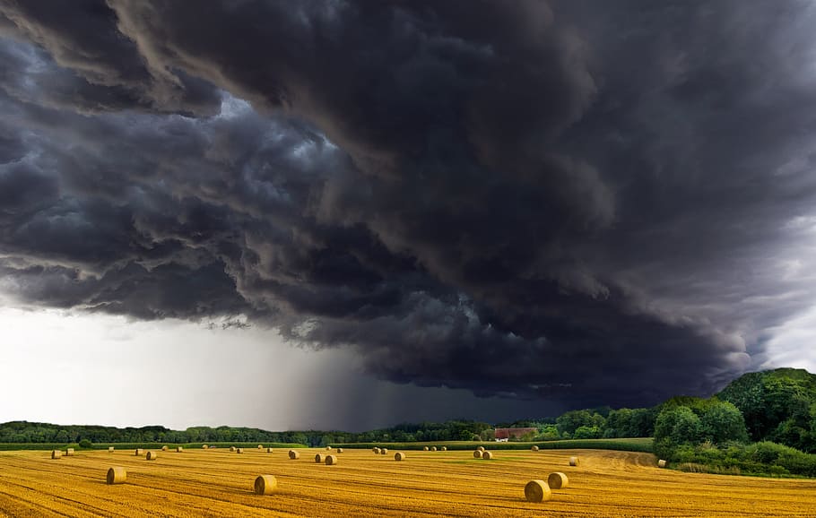 dark, clouds, hay rolls, nature, sky, panorama, agriculture, sunset, field, storm