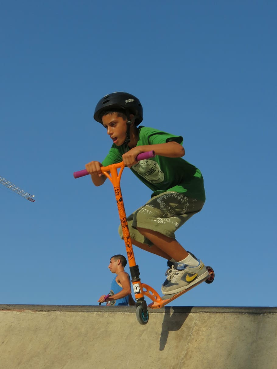 boy, riding, kick scooter, scooter, kid, stunt, jumping, half pipe, jump, sport