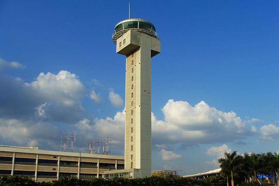 white, high-rise, building, clear, blue, sky, atc tower, airport, bangalore, india