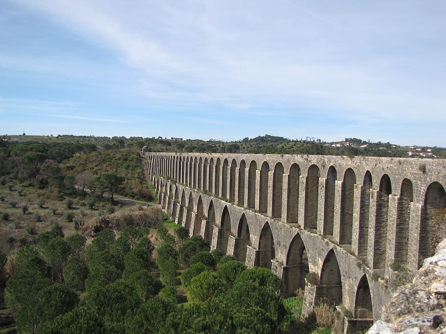 aqueduct, drink, portugal, sky, architecture, arch, built structure, plant, nature, history