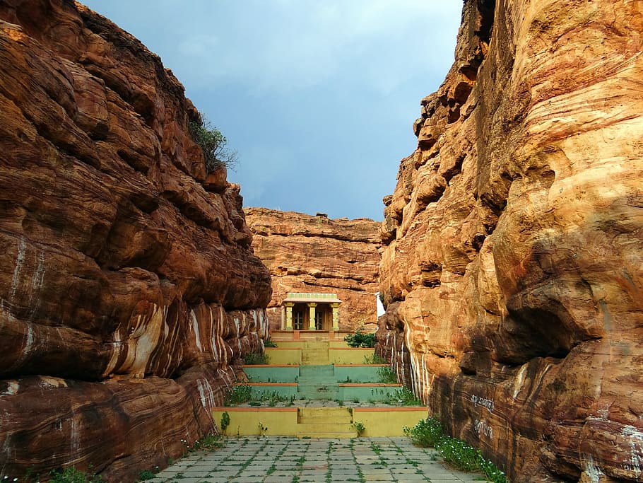 Badami, Rocks, Temple, Red Sand, Stone, badami rocks, red sand stone, rock formations, cliffs, karnataka