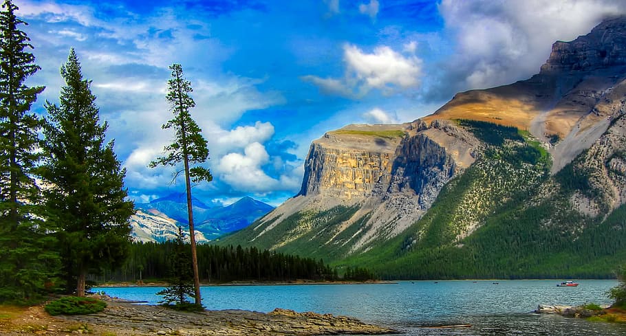 body, water, surrounded, trees, mountain range, banff, national park, canada, tourism, lake