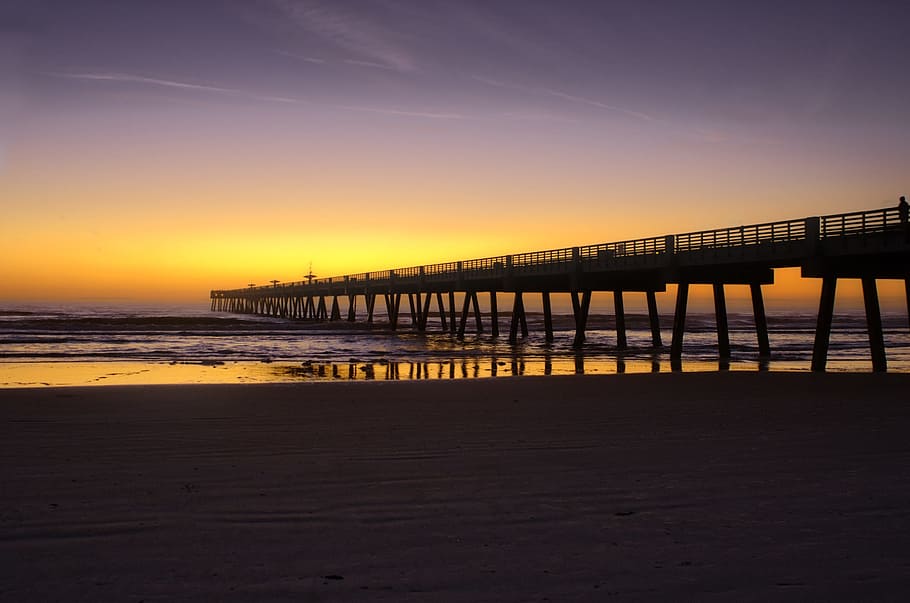 Beach, Pier, Silhouette, Evening, susnet, florida, sunset, bridge - man made structure, sea, scenics