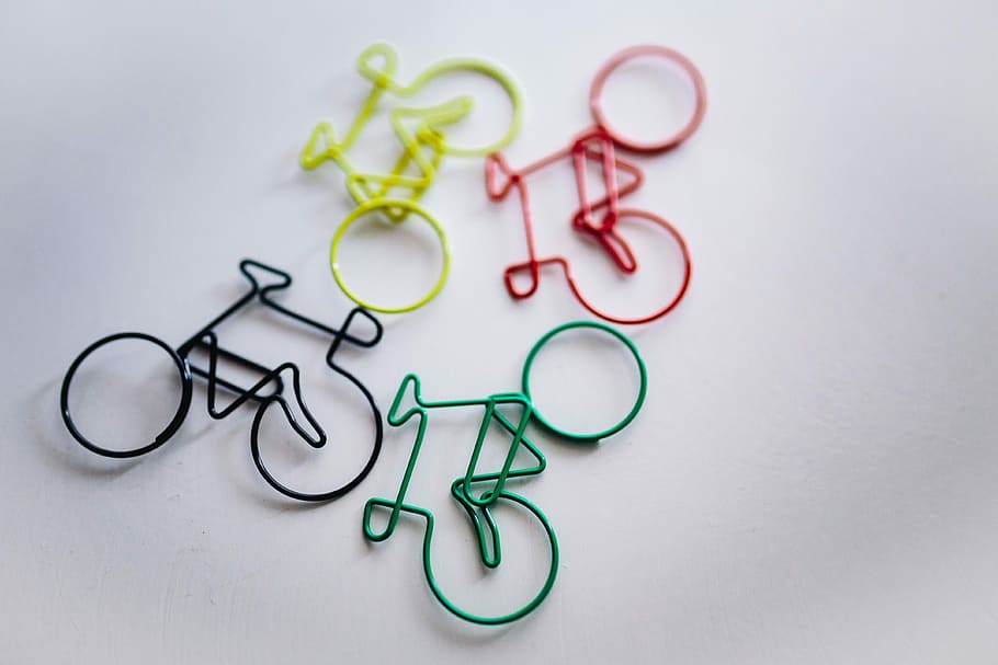 bicycle paper clips, wooden, ruler, Bicycle, paper clips, paper clip, stationery, love, scissors, studio shot