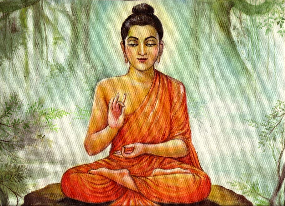lord budha, teaching pictures, painting, one person, front view, young adult, indoors, real people, casual clothing, waist up