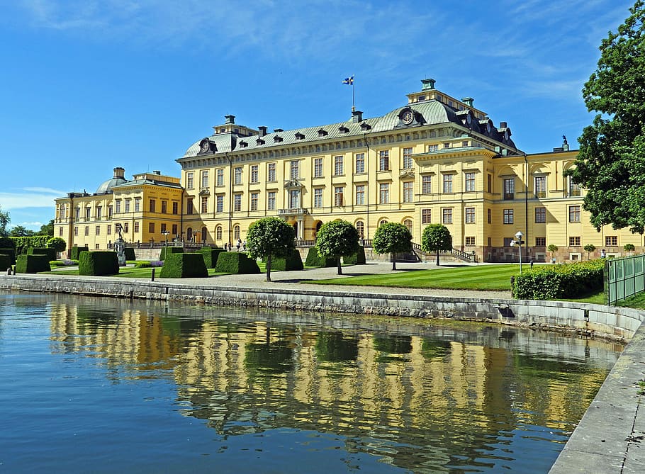 amarelo, verde, construção, lago, palácio de drottningholm, estocolmo, palácio real, chefe de estado, suécia, monarquia