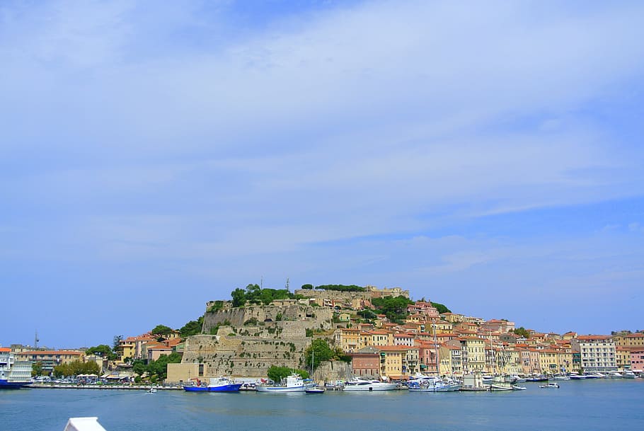 panoramic, city, surrounded, water, elba, island, tuscany, the mediterranean sea, italy, portoferraio