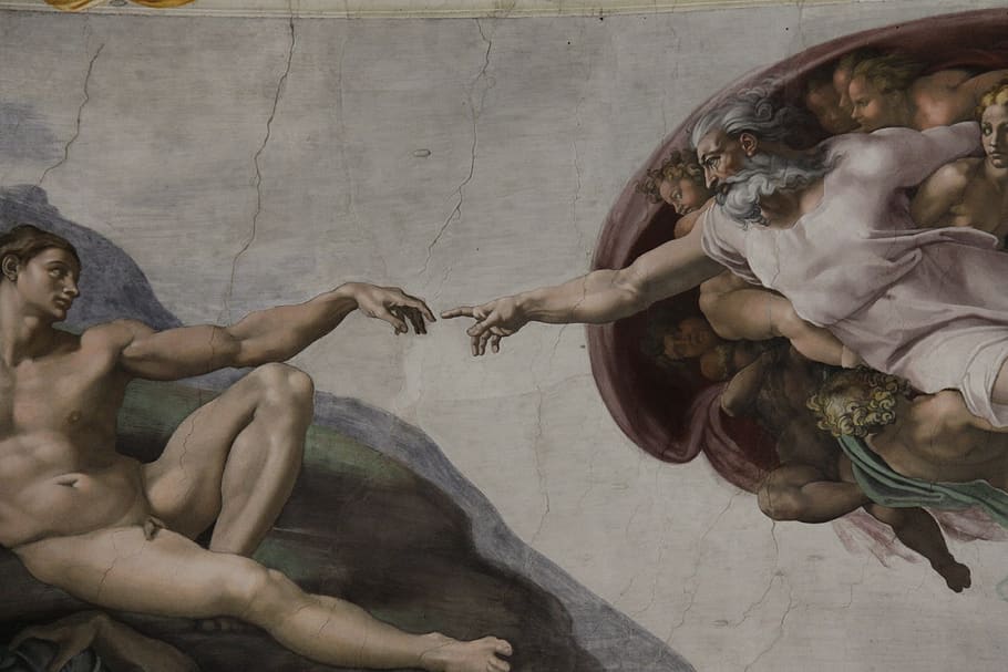 the creation of adam, fresh in, sistine chapel, painted, miguel angel, vatican, art, painting, god, mural painting