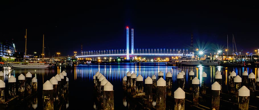 lighted, bridge, high, buildings, nighttime, landmark, architecture, city, lights, dock