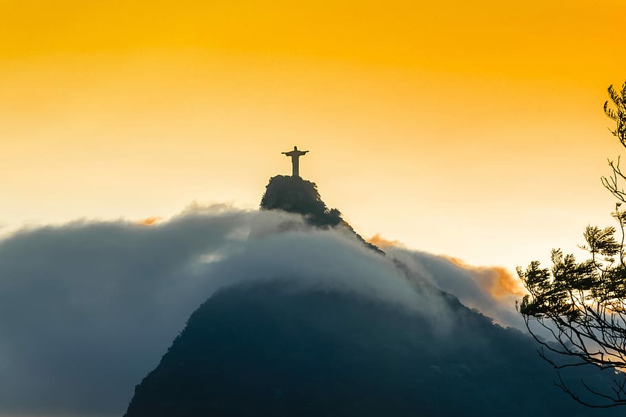 anochecer, estatua de cristo, río, de, janeiro, puesta de sol, cristo, estatua, rio de janeiro, brasil