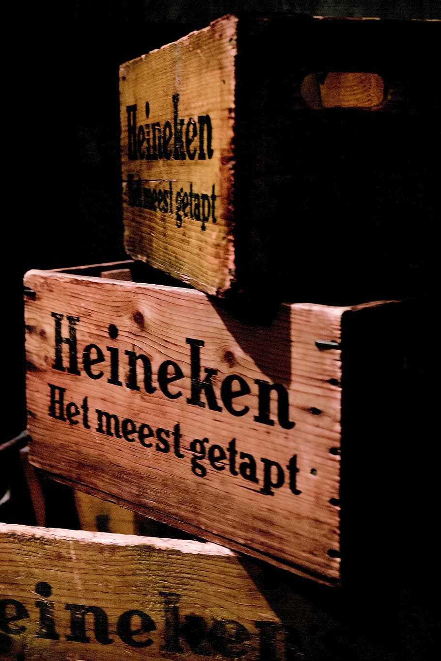 three, brown, wooden, heineken beer crates, amsterdam, beer, beer box, wood, alcoholic beverage, alcoholic
