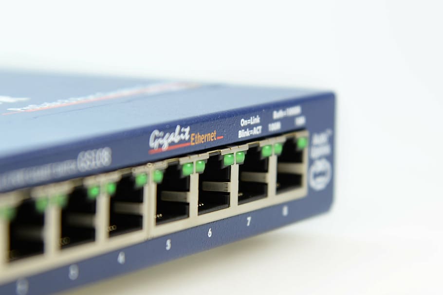 selective, focus photography, blue, gigabit ethernet network switch, switch, network, distributor, nsa, chip, component