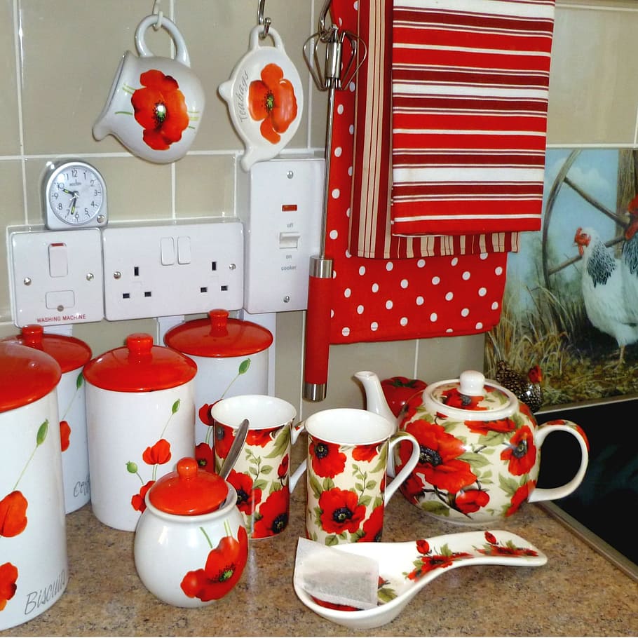 vermelho e branco, floral, cerâmica, chaleira, louça, cozinha, porcelana, canecas, chá, conjunto