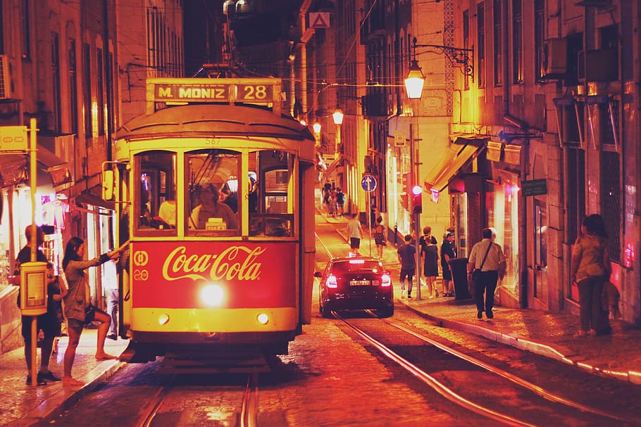 coca-cola tram, nighttime, portugal, lisbon, europe, city, old town, summer, night, traffic