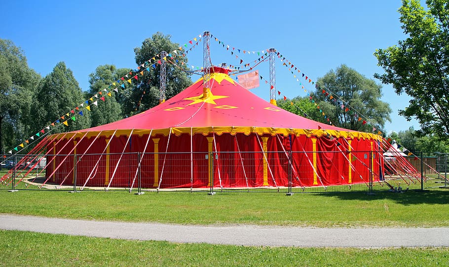 yellow, red, canopy tent, blue, sky, canopy, tent, blue sky, circus, circus tent