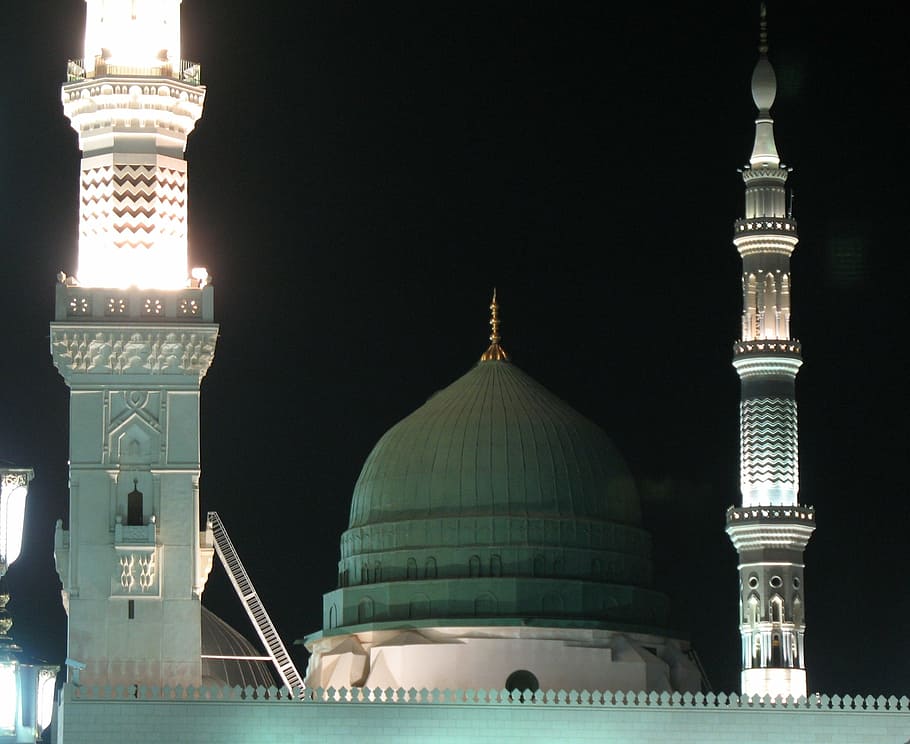 blue, dome roof, taken, nighttime, mosque, prophet, green, religion, architecture, muhammad