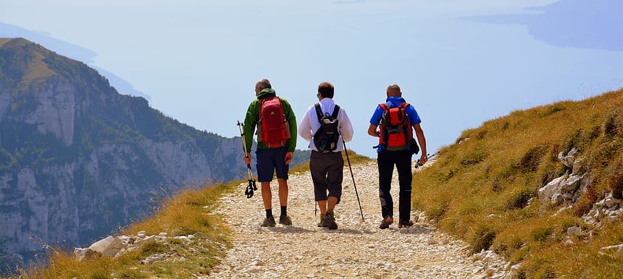 three, men, hiking, mountain, trail, walk, trekking, excursion, landscape, lake