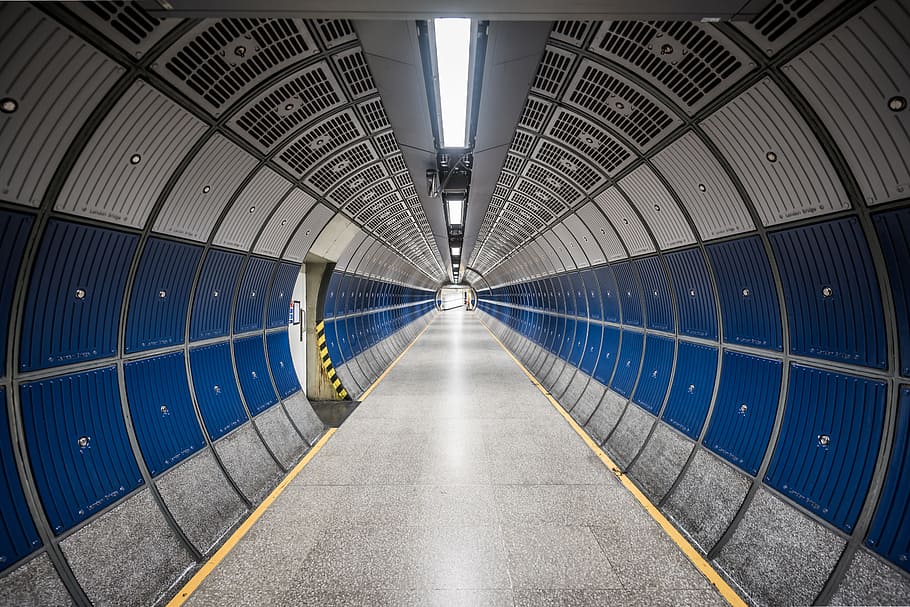 tunnel, blue, gray, metal wall, hallway, round, tube, design, modern, corridor