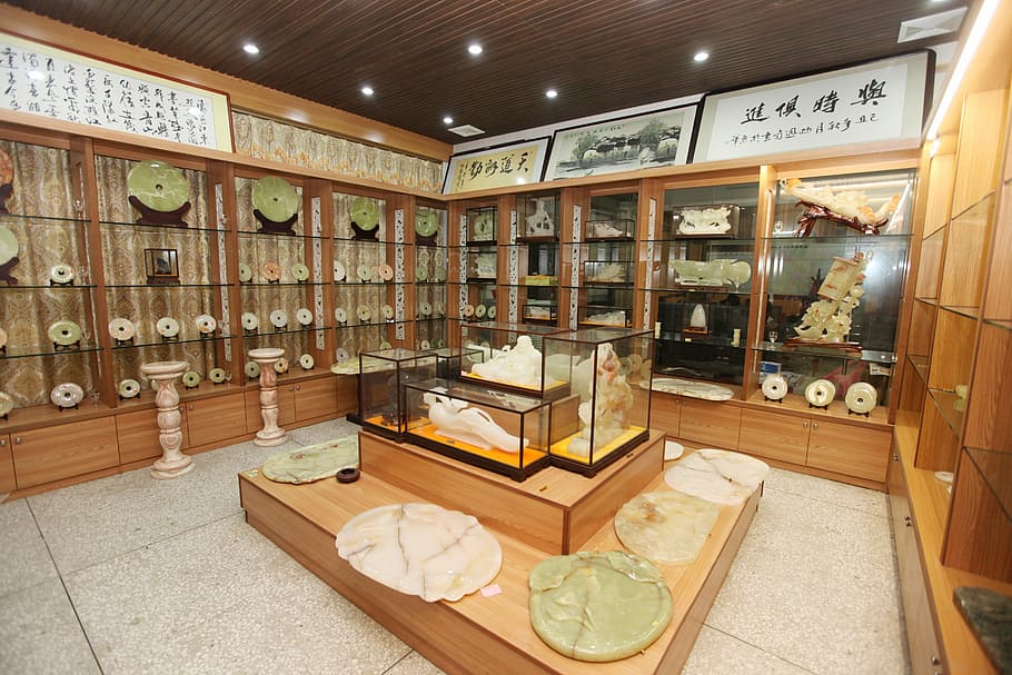 li and furniture city, showroom, jade article, golden yellow, luxury, crafts, indoors, furniture, wood - material, table