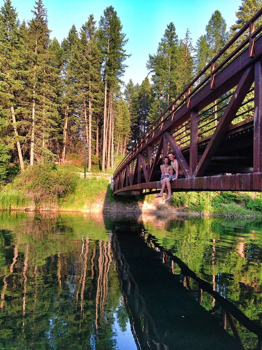 bridge, summer, boys, river, children, fun, reflection, montana, youth, water