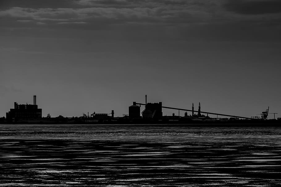 grayscale photo, calm, body, water, industrial, buildings, harbor, dark, sky, architecture