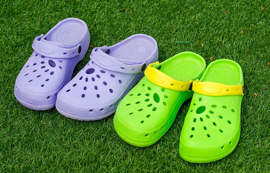shoes, crocs, sandals, clogs, grass, green color, plant, high angle view, shoe, nature