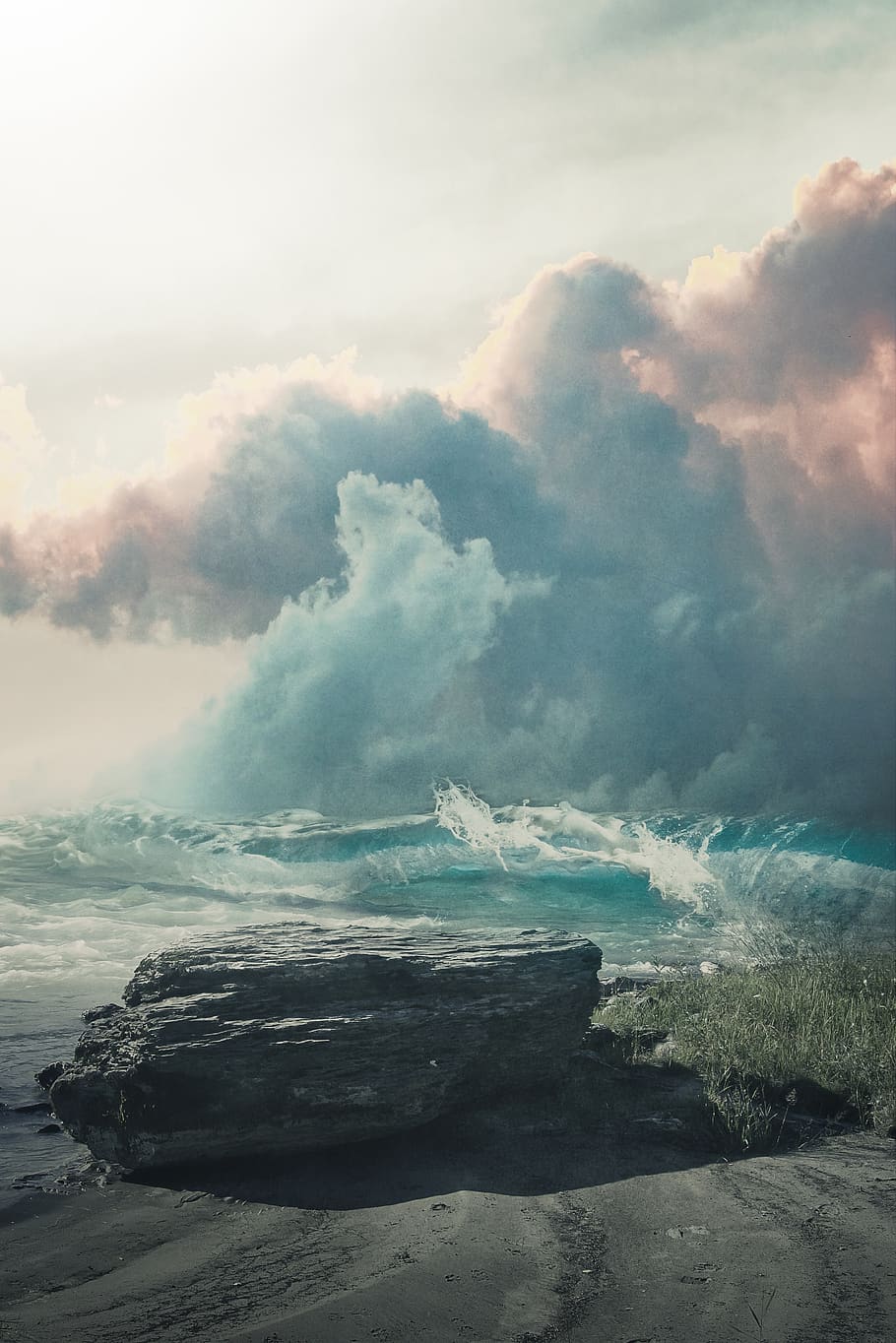 paisaje, fantasía, paisaje de fantasía, mar, roca, agua, ola, cielo, nubes, cielo dramático
