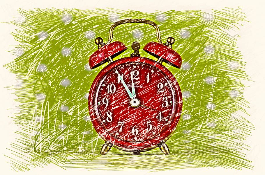 red, analog alarm clock painting, the eleventh hour, disaster, alarm clock, drawing, colorful, clock, ring the bell, dial