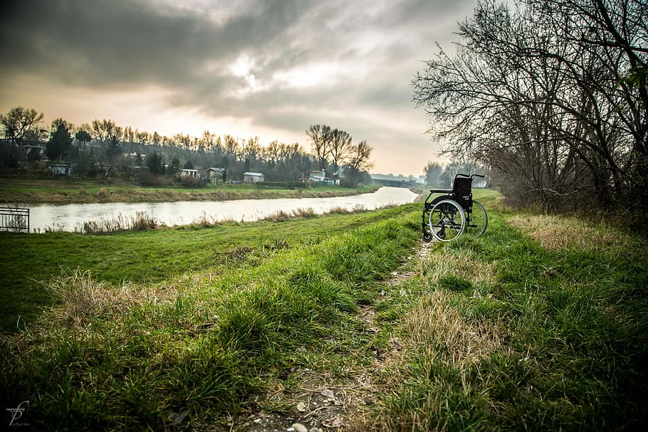 black, grass field, river, Wheelchair, Lonely, Physical, Hospital, land, care, adventure