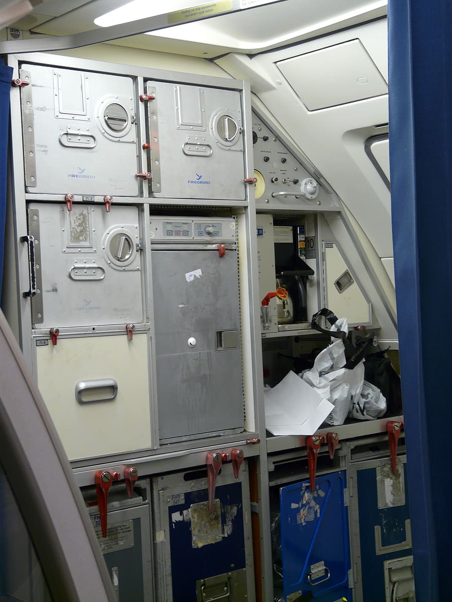 aircraft, storage space, container, metal boxes, metal, backed up, closed, machinery, technology, control panel
