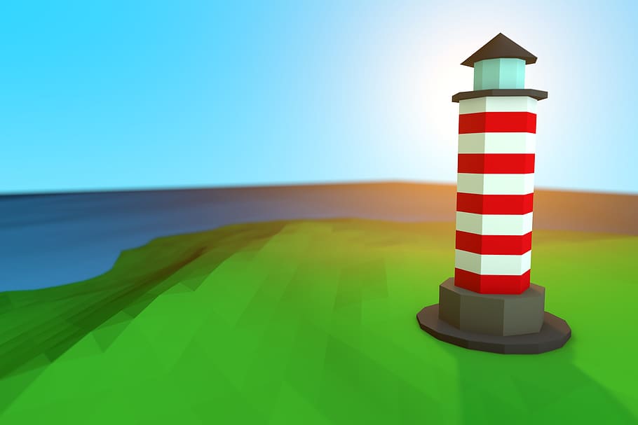 灯台, 低ポリ, 海岸, 3D, 海, 影, 塔, 3Dモデル, レンダリング, 3D可視化