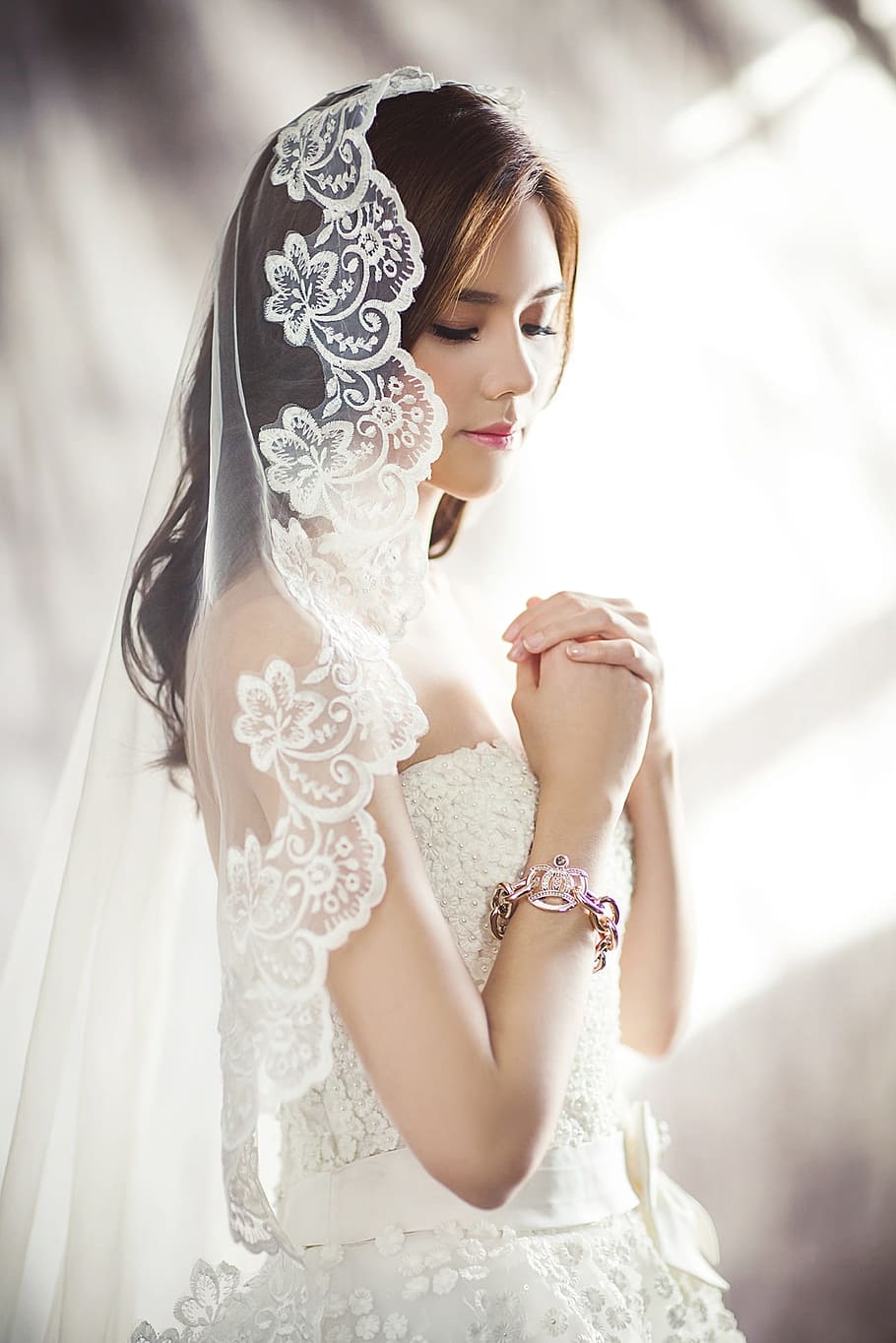 tilt shift lens photography, woman, wearing, white, wedding gown, wedding dresses, fashion, character, bride, veil