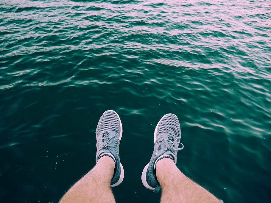 person, wearing, gray, low-top shoes, sea, ocean, water, wave, nature, legs