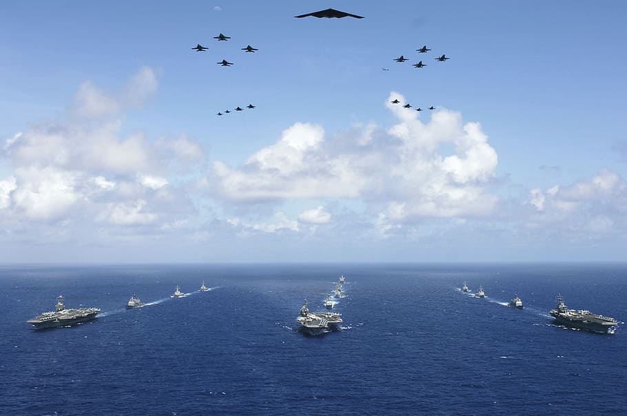 fleet, navy, traveling, sea, military aircraft carriers, strike groups, formation, stealth bomber, b-2, spirit