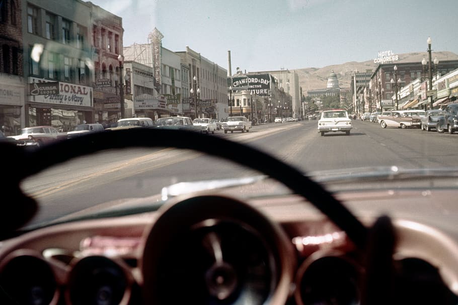 road, cars, retro, vintage, auto, old, travel, vacation, city, driving