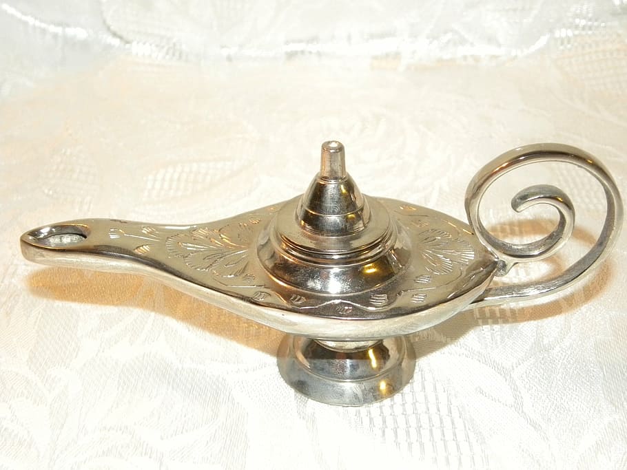 silver-colored teapot, genie lamp, magic, magical, wishes, aladdin, golden, fantasy, arabian, oil