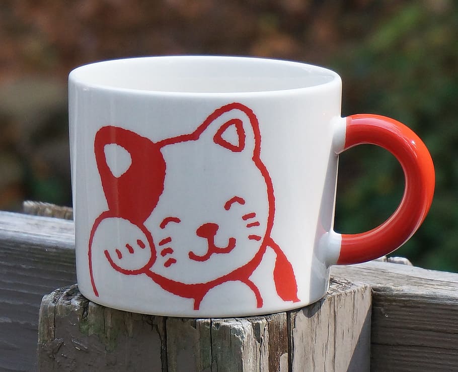 Cerâmica, gato, caneca, caneca cerâmica de gato, vermelho e branco, fofo, gatinho, copo, vermelho, branco